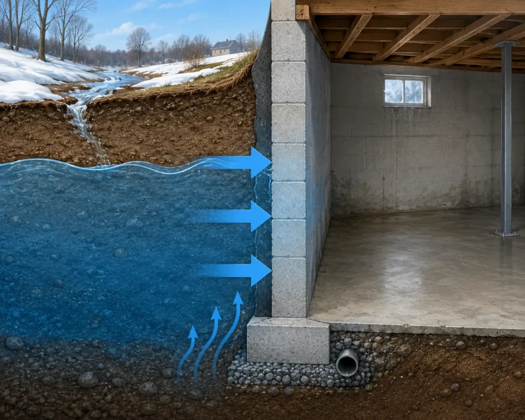 Sump pump water damage Peoria groundwater pressure illustration