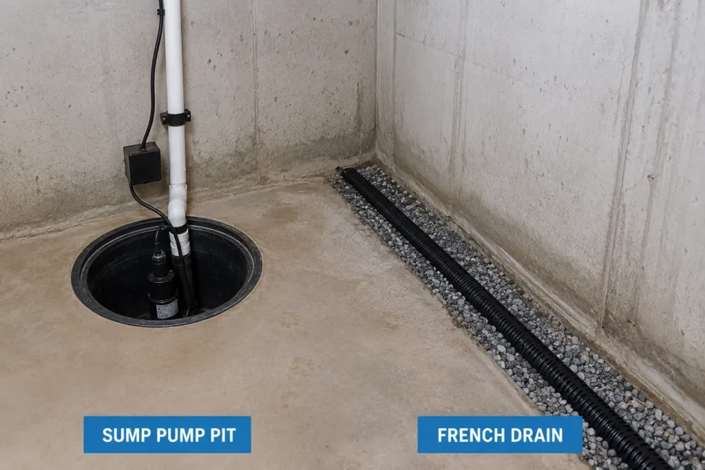 Sump pump vs French drain basement flooding prevention setup